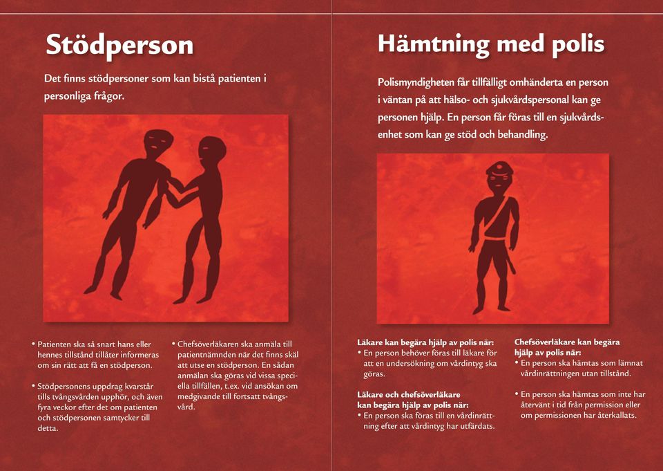 En person får föras till en sjukvårdsenhet som kan ge stöd och behandling. Patienten ska så snart hans eller hennes tillstånd tillåter informeras om sin rätt att få en stödperson.