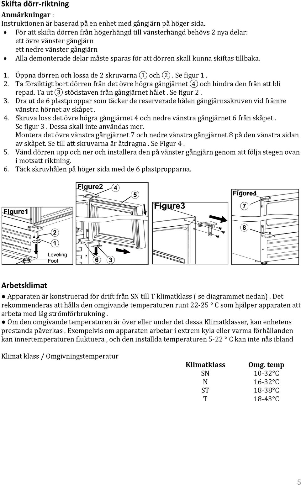 tillbaka. 1. Öppna dörren och lossa de 2 skruvarna 1 och 2. Se figur 1. 2. Ta försiktigt bort dörren från det övre högra gångjärnet 4 och hindra den från att bli repad.