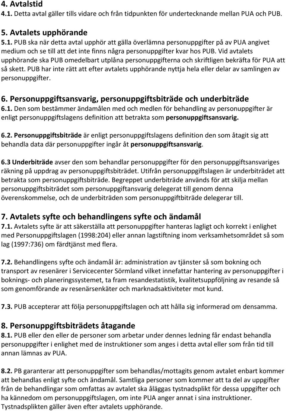 PUB har inte rätt att efter avtalets upphörande nyttja hela eller delar av samlingen av personuppgifter. 6. Personuppgiftsansvarig, personuppgiftsbiträde och underbiträde 6.1.