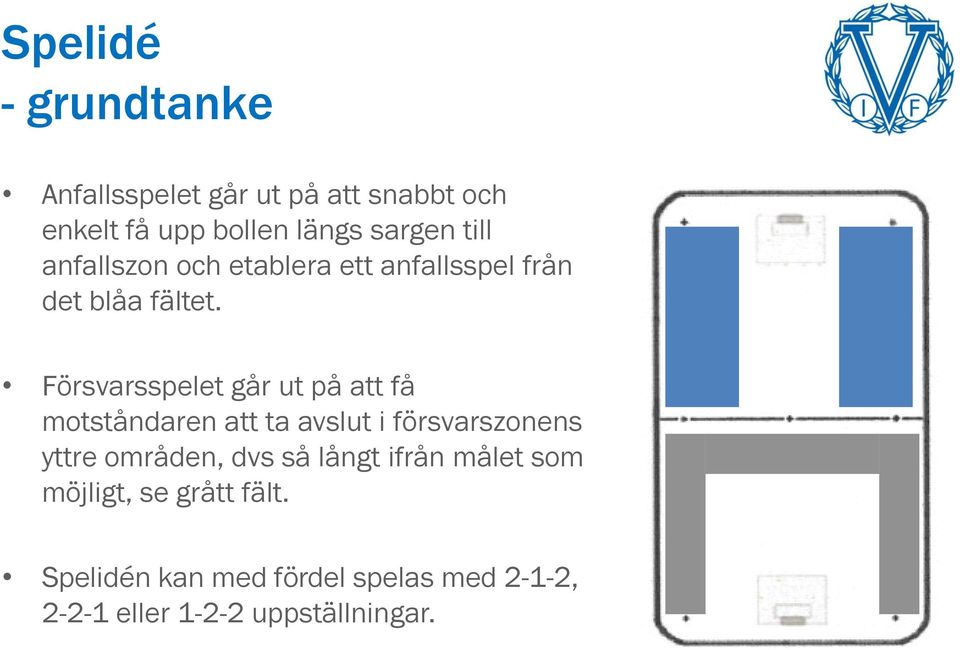 Försvarsspelet går ut på att få motståndaren att ta avslut i försvarszonens yttre områden, dvs