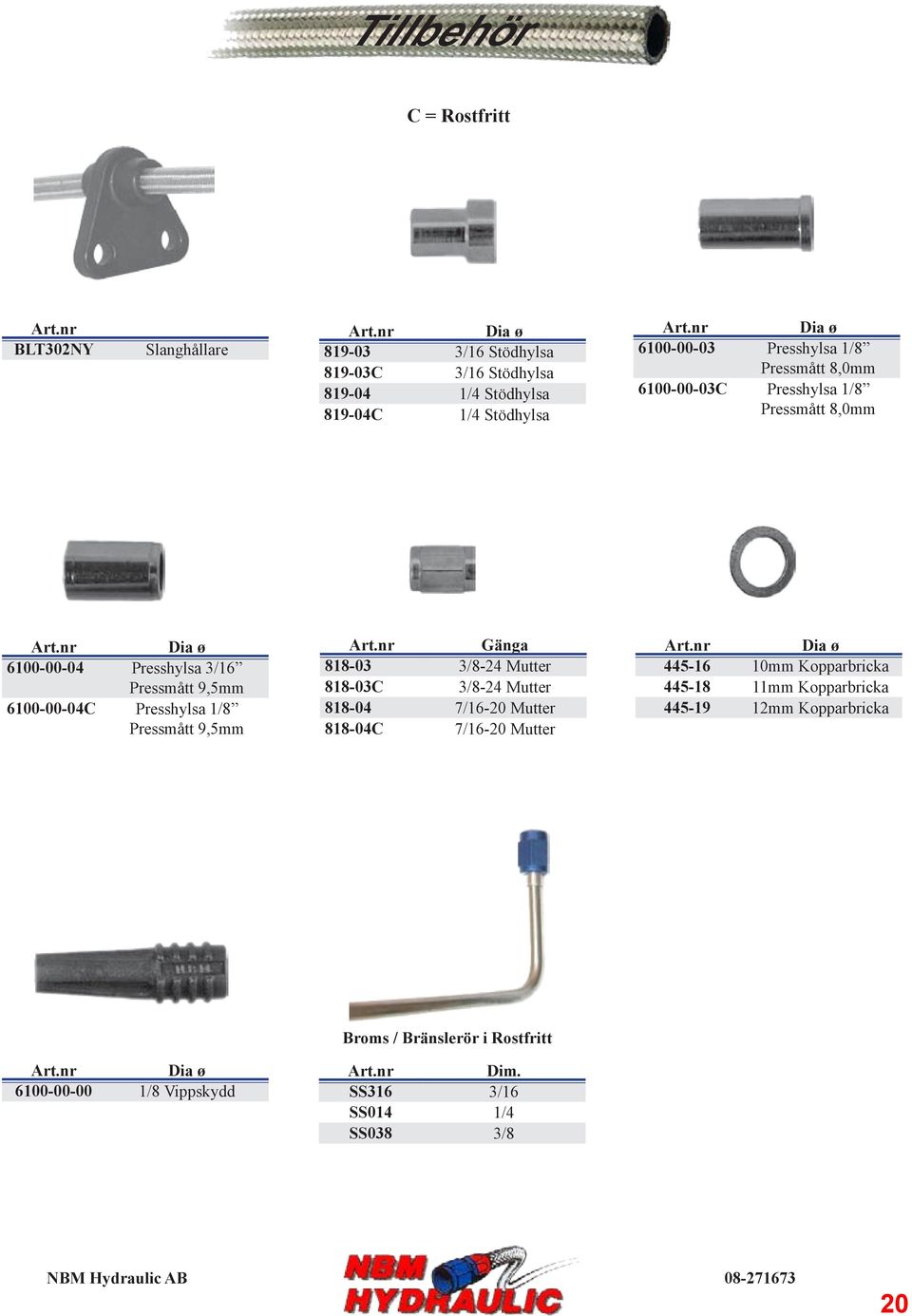 Presshylsa 1/8 Pressmått 9,5mm 818-03 3/8-24 Mutter 818-03C 3/8-24 Mutter 818-04 7/16-20 Mutter 818-04C 7/16-20 Mutter Dia ø 445-16 10mm