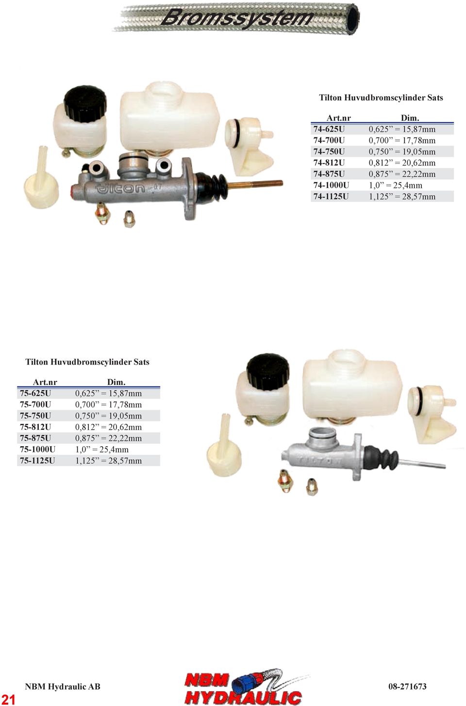 0,875 = 22,22mm 74-1000U 1,0 = 25,4mm 74-1125U 1,125 = 28,57mm Tilton Huvudbromscylinder Sats Dim.