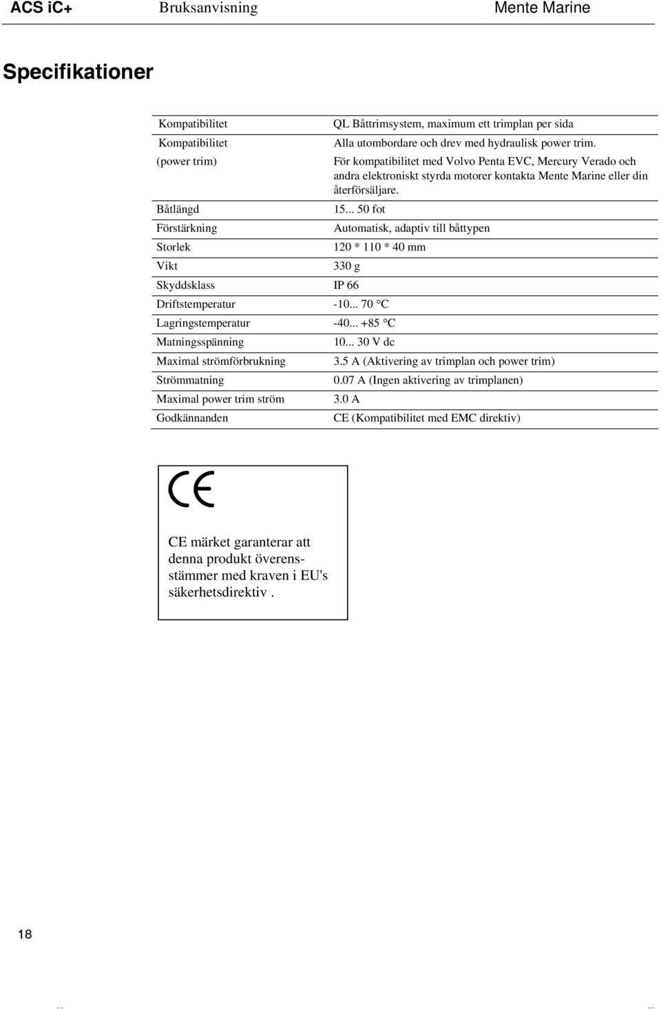 .. 50 fot Förstärkning Automatisk, adaptiv till båttypen Storlek 120 * 110 * 40 mm Vikt 330 g Skyddsklass IP 66 Driftstemperatur -10... 70 C Lagringstemperatur -40.