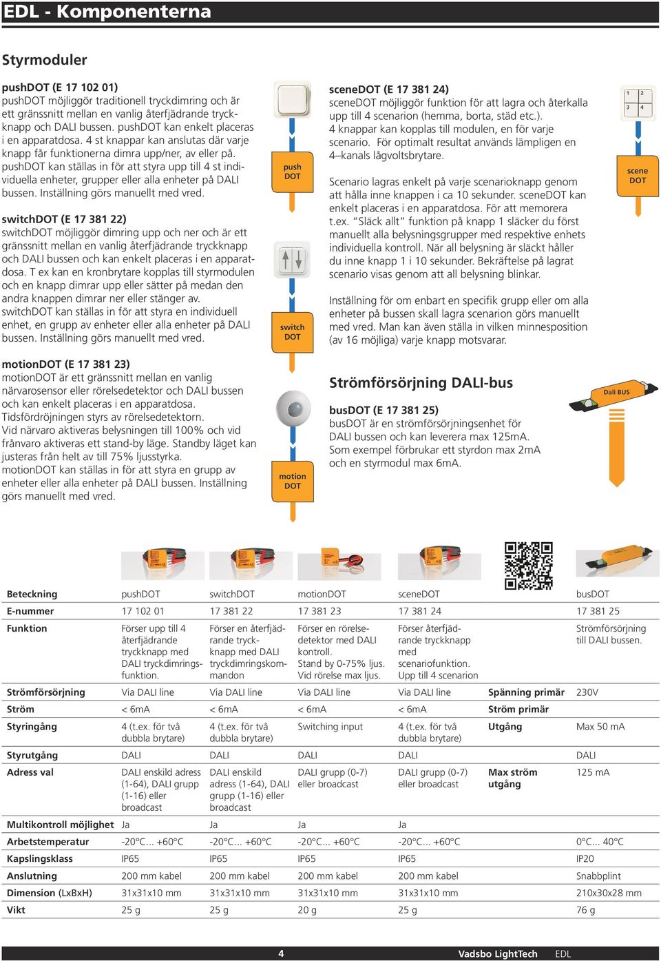 push kan ställas in för att styra upp till 4 st individuella enheter, grupper eller alla enheter på DALI bussen. Inställning görs manuellt med vred.