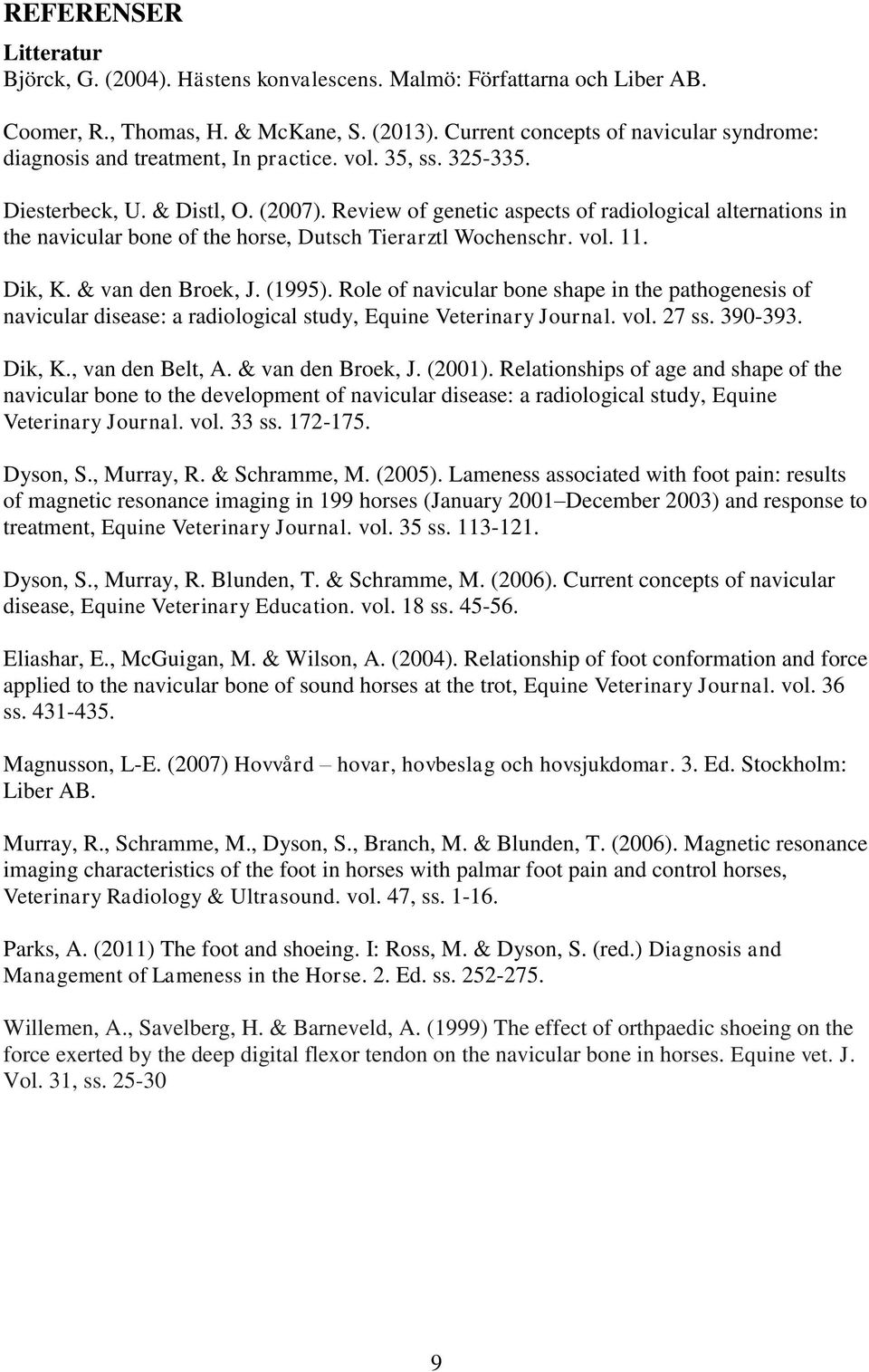 Review of genetic aspects of radiological alternations in the navicular bone of the horse, Dutsch Tierarztl Wochenschr. vol. 11. Dik, K. & van den Broek, J. (1995).