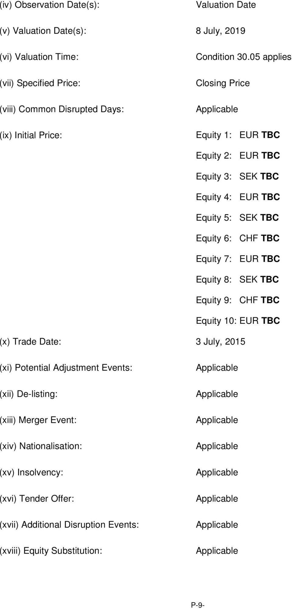 TBC Equity 9: CHF TBC Equity 10: EUR TBC (x) Trade Date: 3 July, 2015 (xi) Potential Adjustment Events: (xii) De-listing: (xiii) Merger Event: (xiv) Nationalisation: (xv)
