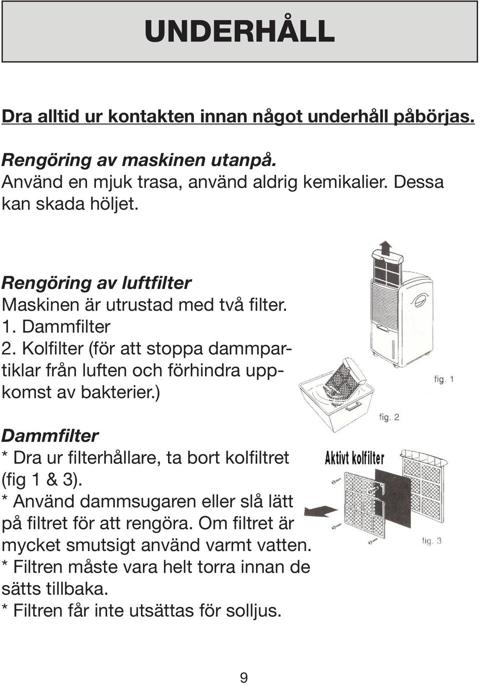 Kolfilter (för att stoppa dammpartiklar från luften och förhindra uppkomst av bakterier.