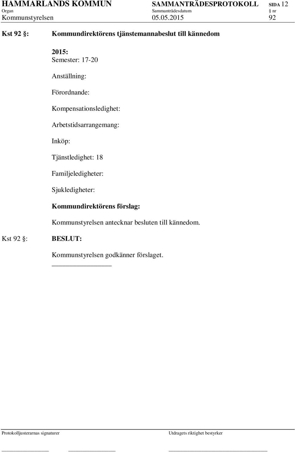 17-20 Anställning: Förordnande: Kompensationsledighet: Arbetstidsarrangemang: Inköp: