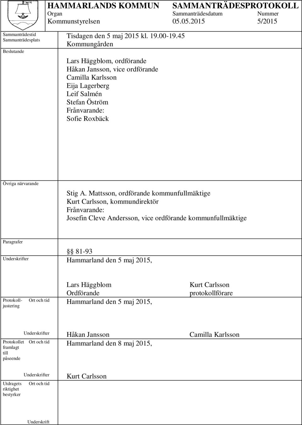 Mattsson, ordförande kommunfullmäktige Kurt Carlsson, kommundirektör Frånvarande: Josefin Cleve Andersson, vice ordförande kommunfullmäktige Paragrafer 81-93 Underskrifter Hammarland den 5 maj 2015,