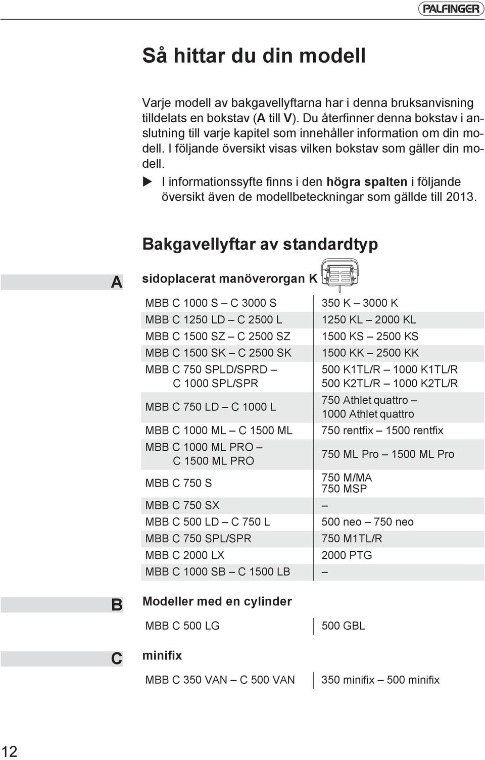 I informationssyfte finns i den högra spalten i följande översikt även de modellbeteckningar som gällde till 2013.