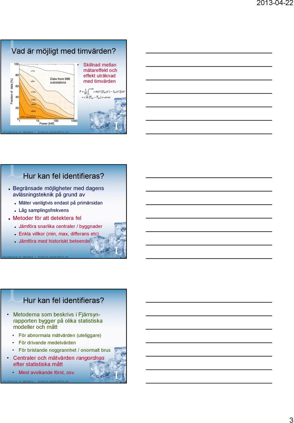 villkor (min, max, differans etc) Jämföra med historiskt beteende Validering av mätdata fredrik.sandin@ltu.se 8 / 25 Hur kan fel identifieras?