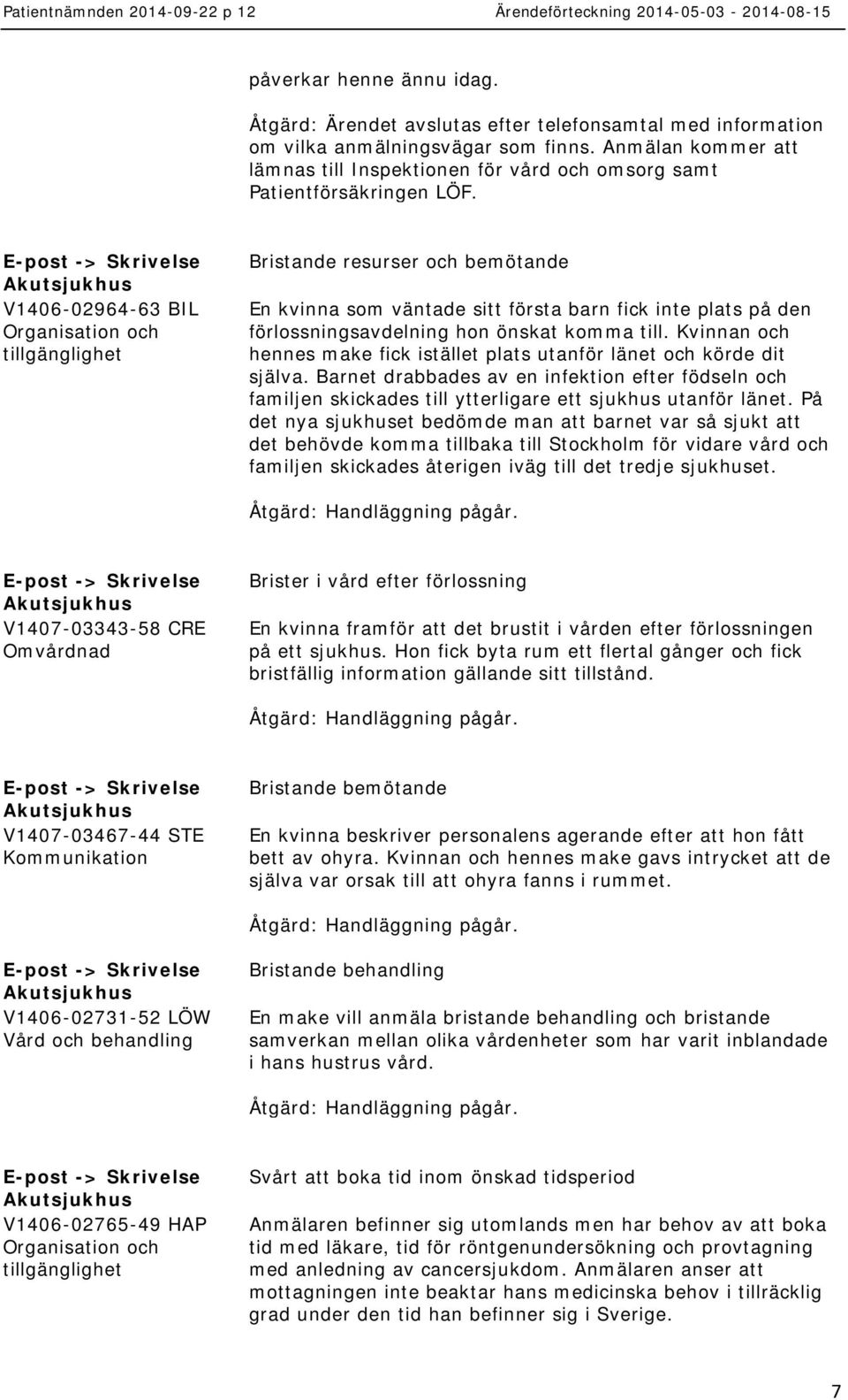 E-post -> V1406-02964-63 BIL Organisation och tillgänglighet Bristande resurser och bemötande En kvinna som väntade sitt första barn fick inte plats på den förlossningsavdelning hon önskat komma till.
