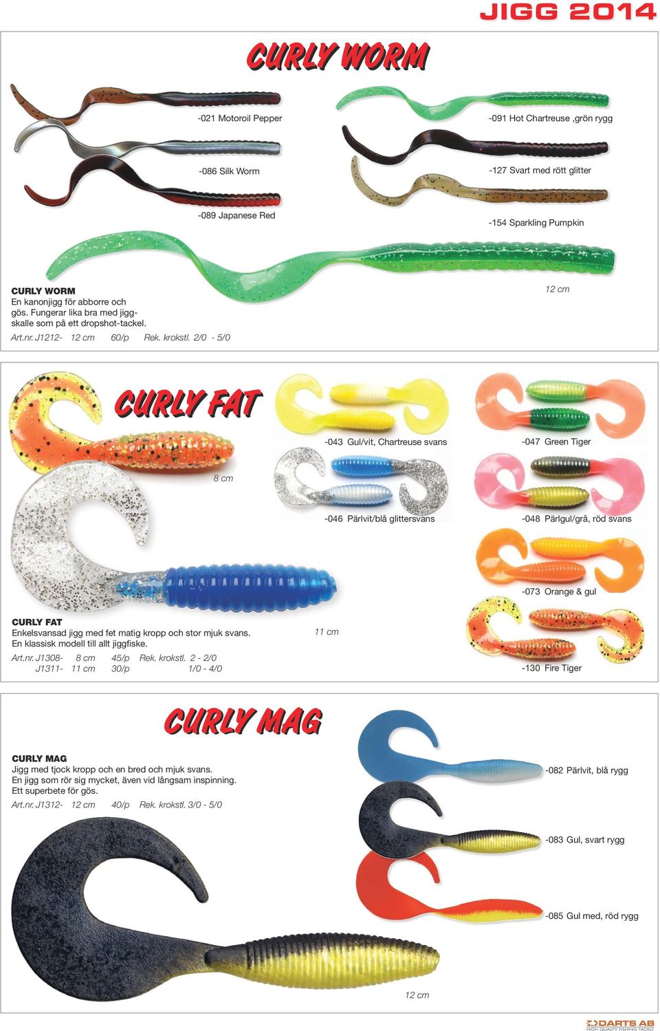 - 5/0 2 cm CURLY FAT -043 Gul/vit, Chartreuse svans -047 Green Tiger 8 cm -046 Pärlvit/blå glittersvans -048 Pärlgul/grå, röd svans -073 Orange & gul CURLY FAT Enkelsvansad jigg med fet matig kropp