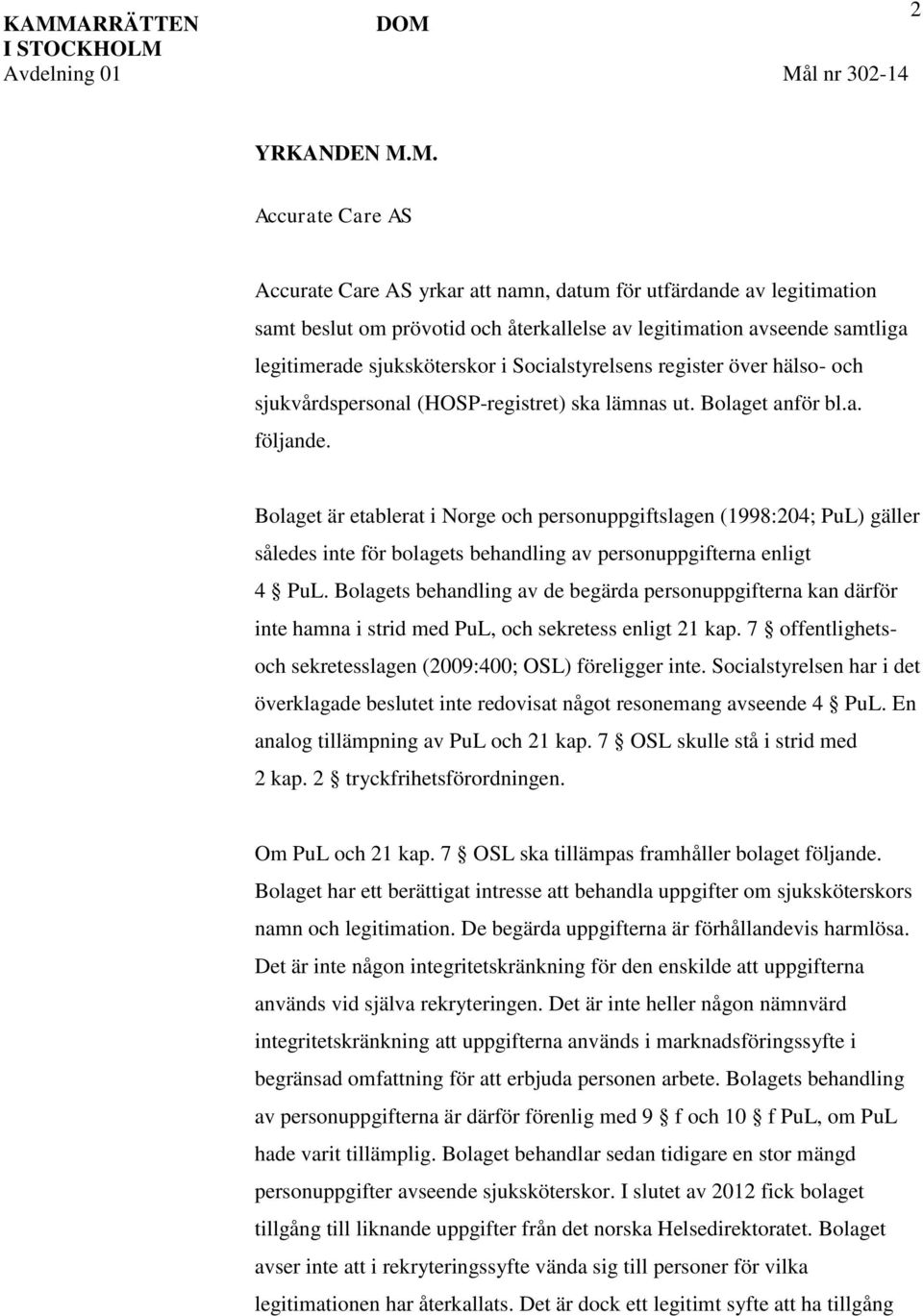 Socialstyrelsens register över hälso- och sjukvårdspersonal (HOSP-registret) ska lämnas ut. Bolaget anför bl.a. följande.