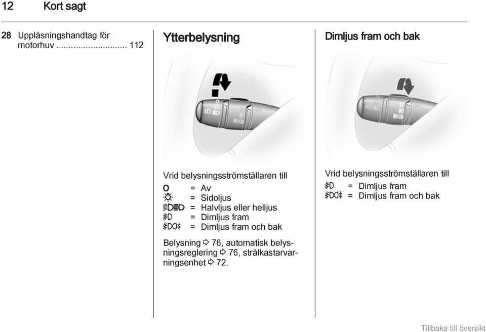 Sidoljus 9P = Halvljus eller helljus > = Dimljus fram >r = Dimljus fram och bak Belysning 3