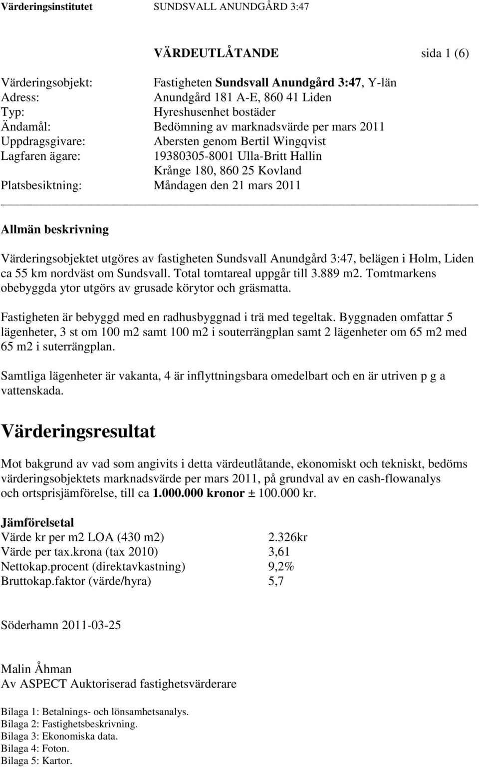 Värderingsobjektet utgöres av fastigheten Sundsvall Anundgård 3:47, belägen i Holm, Liden ca 55 km nordväst om Sundsvall. Total tomtareal uppgår till 3.889 m2.