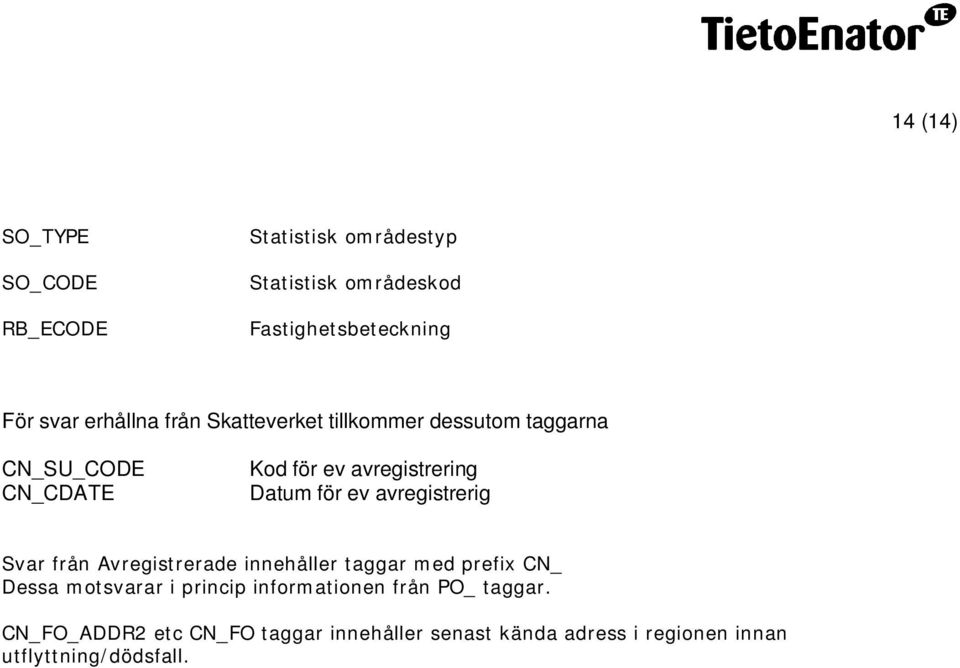 ev avregistrerig Svar från Avregistrerade innehåller taggar med prefix CN_ Dessa motsvarar i princip