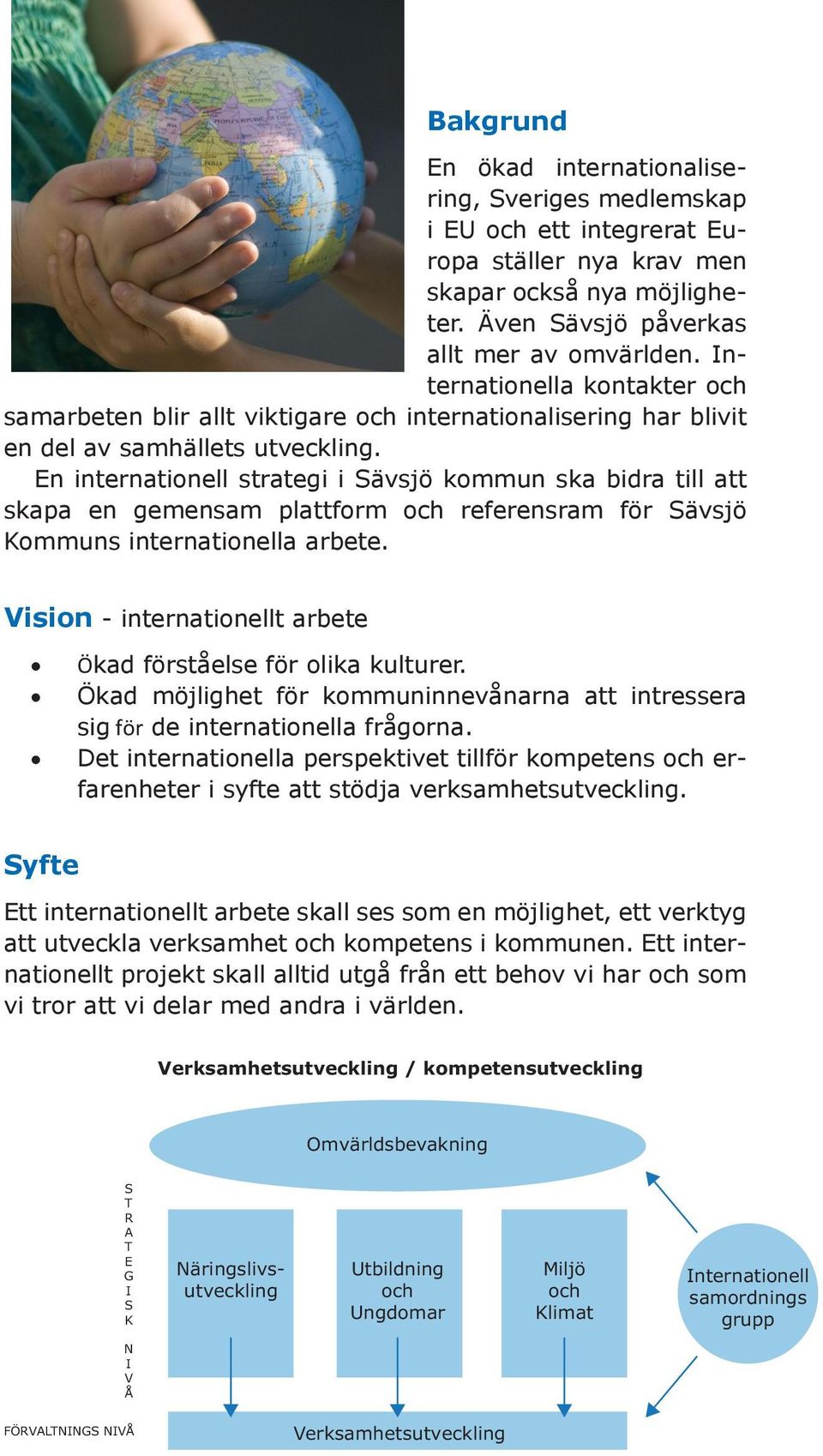 En internationell strategi i Sävsjö kommun ska bidra till att skapa en gemensam plattform och referensram för Sävsjö Kommuns internationella arbete.