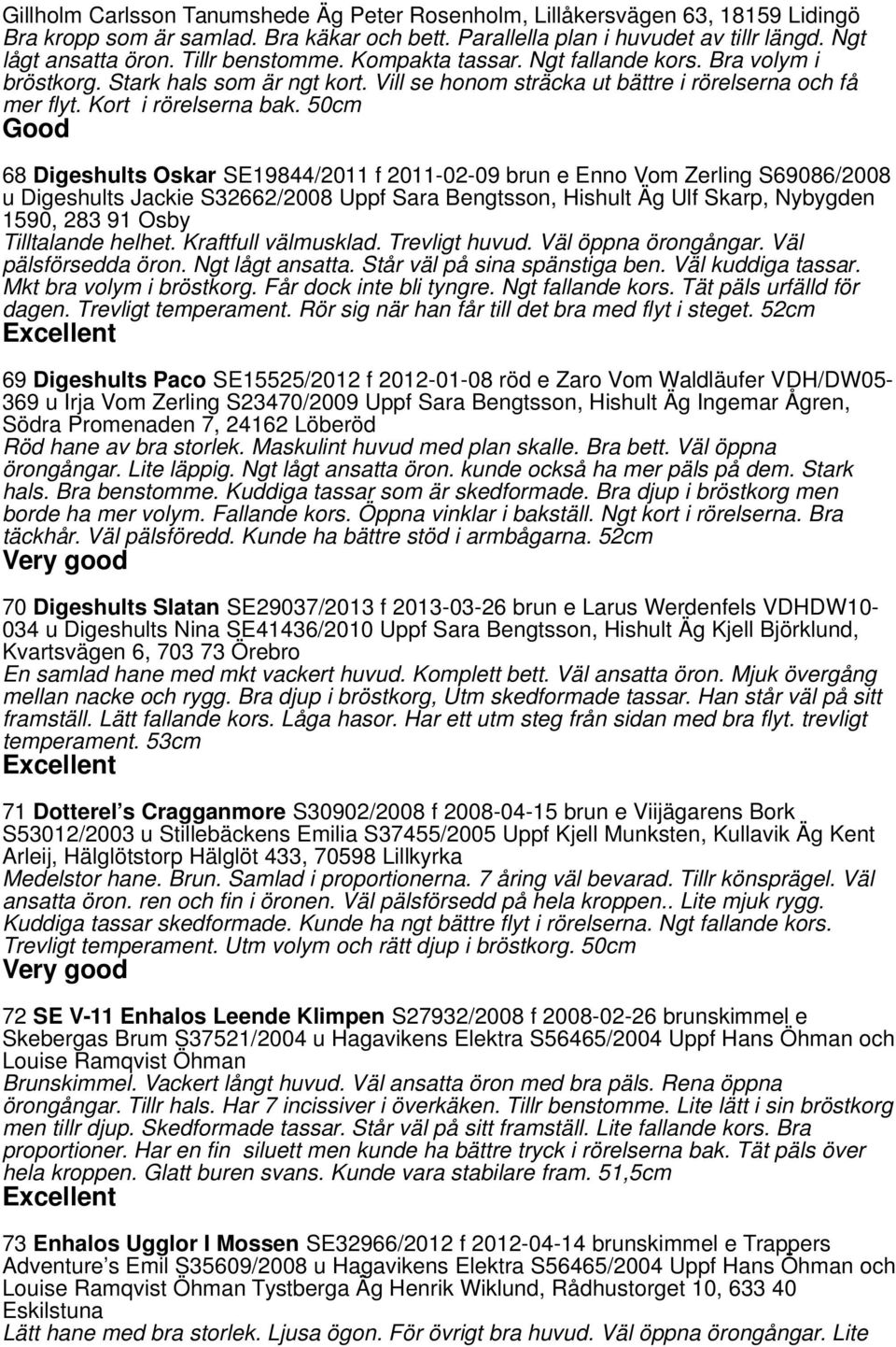 50cm 68 Digeshults Oskar SE19844/2011 f 2011-02-09 brun e Enno Vom Zerling S69086/2008 u Digeshults Jackie S32662/2008 Uppf Sara Bengtsson, Hishult Äg Ulf Skarp, Nybygden 1590, 283 91 Osby
