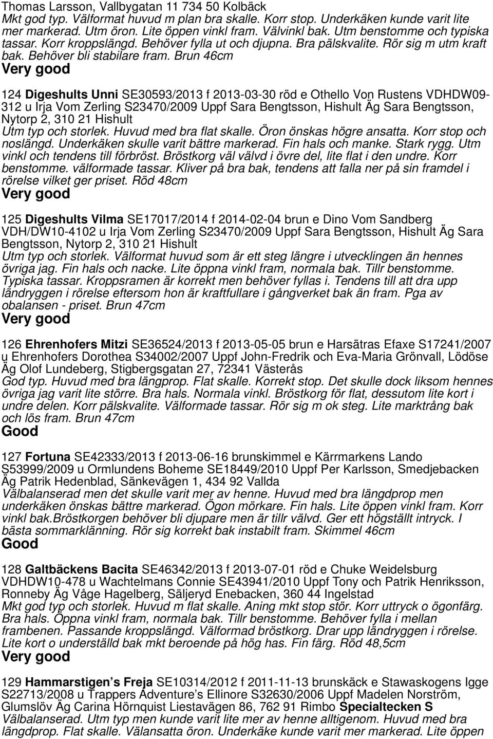 Brun 46cm 124 Digeshults Unni SE30593/2013 f 2013-03-30 röd e Othello Von Rustens VDHDW09-312 u Irja Vom Zerling S23470/2009 Uppf Sara Bengtsson, Hishult Äg Sara Bengtsson, Nytorp 2, 310 21 Hishult