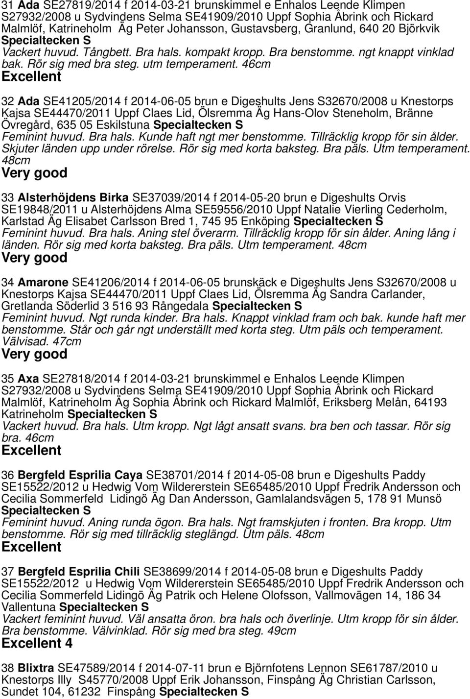 46cm 32 Ada SE41205/2014 f 2014-06-05 brun e Digeshults Jens S32670/2008 u Knestorps Kajsa SE44470/2011 Uppf Claes Lid, Ölsremma Äg Hans-Olov Steneholm, Bränne Övregård, 635 05 Eskilstuna