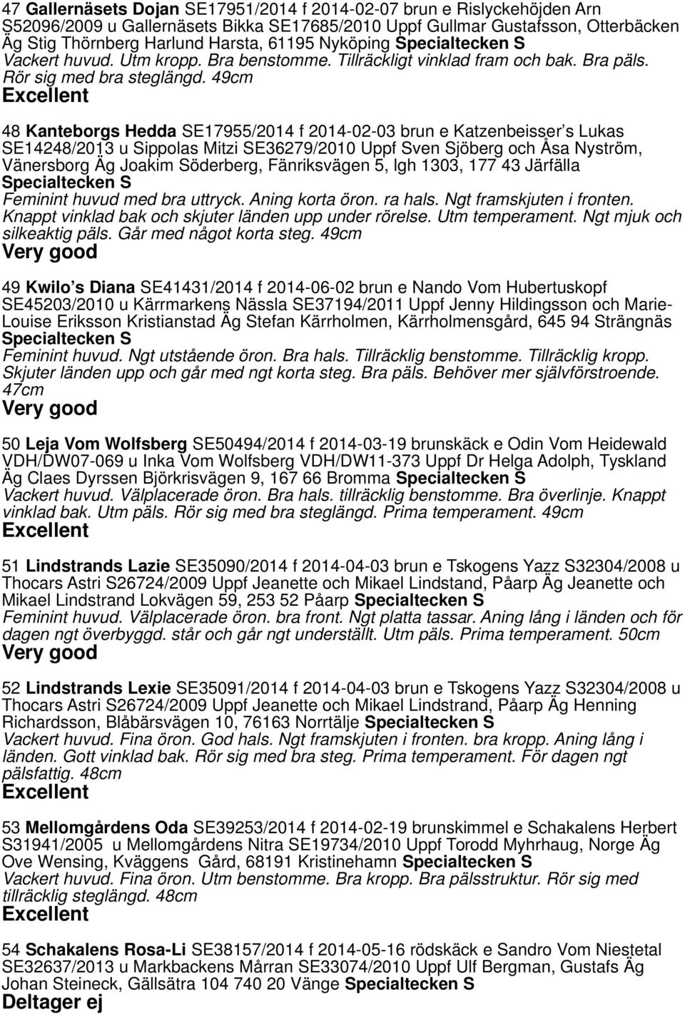 49cm 48 Kanteborgs Hedda SE17955/2014 f 2014-02-03 brun e Katzenbeisser s Lukas SE14248/2013 u Sippolas Mitzi SE36279/2010 Uppf Sven Sjöberg och Åsa Nyström, Vänersborg Äg Joakim Söderberg,