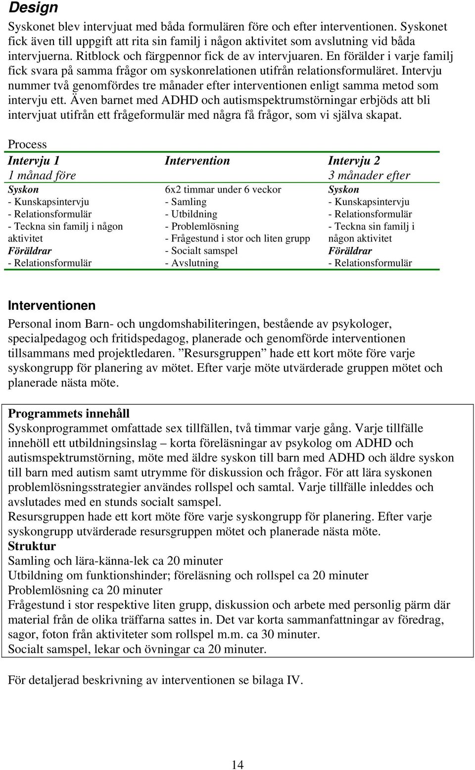 Intervju nummer två genomfördes tre månader efter interventionen enligt samma metod som intervju ett.