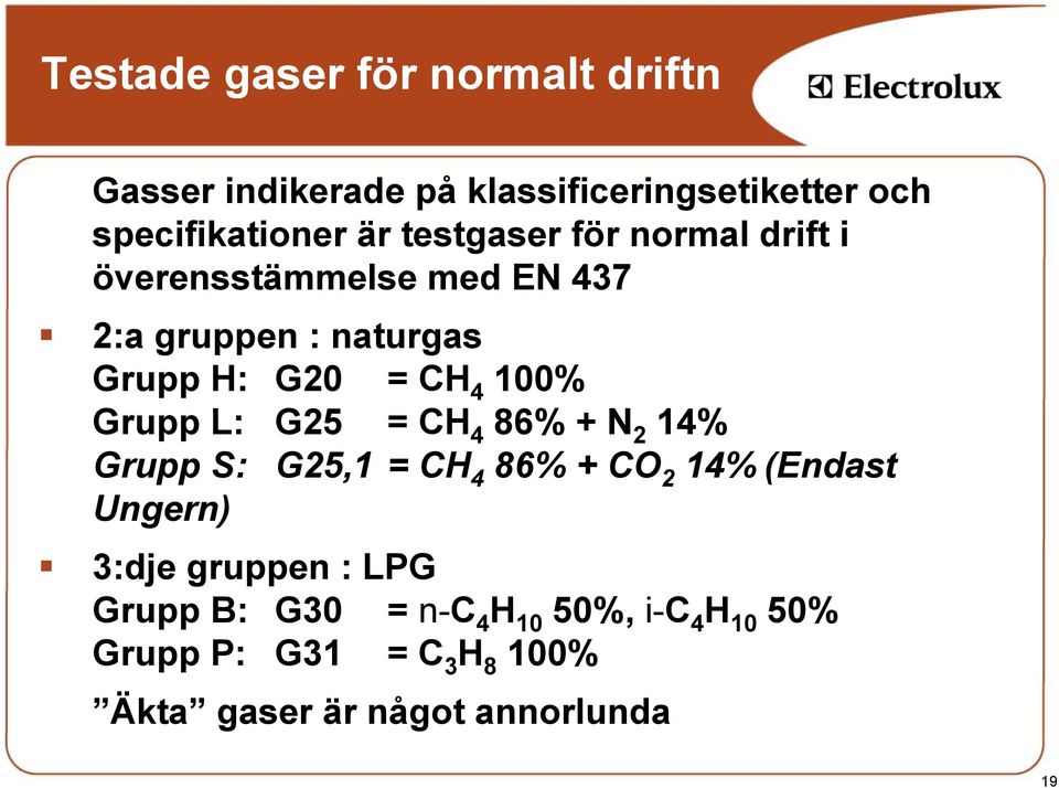 Grupp L: G25 = CH 4 86% + N 2 14% Grupp S: G25,1 = CH 4 86% + CO 2 14% (Endast Ungern) 3:dje gruppen :