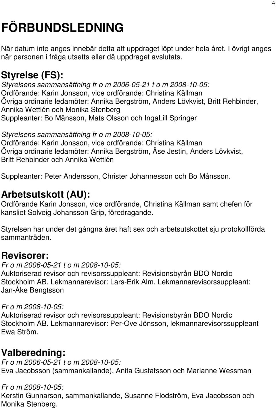 Lövkvist, Britt Rehbinder, Annika Wettlén och Monika Stenberg Suppleanter: Bo Månsson, Mats Olsson och IngaLill Springer Styrelsens sammansättning fr o m 2008-10-05: Ordförande: Karin Jonsson, vice