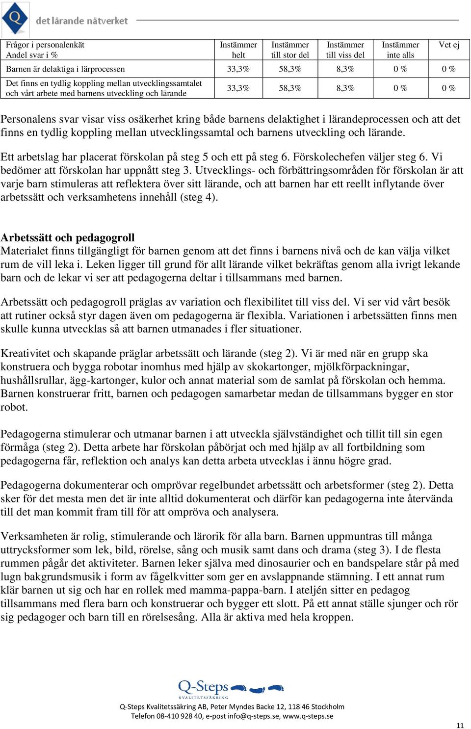 utveckling och lärande. Ett arbetslag har placerat förskolan på steg 5 och ett på steg 6. Förskolechefen väljer steg 6. Vi bedömer att förskolan har uppnått steg 3.