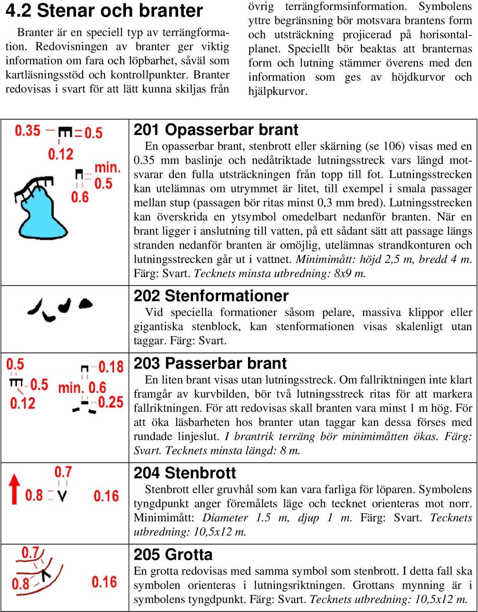 Speciellt bör beaktas att branternas form och lutning stämmer överens med den information som ges av höjdkurvor och hjälpkurvor.