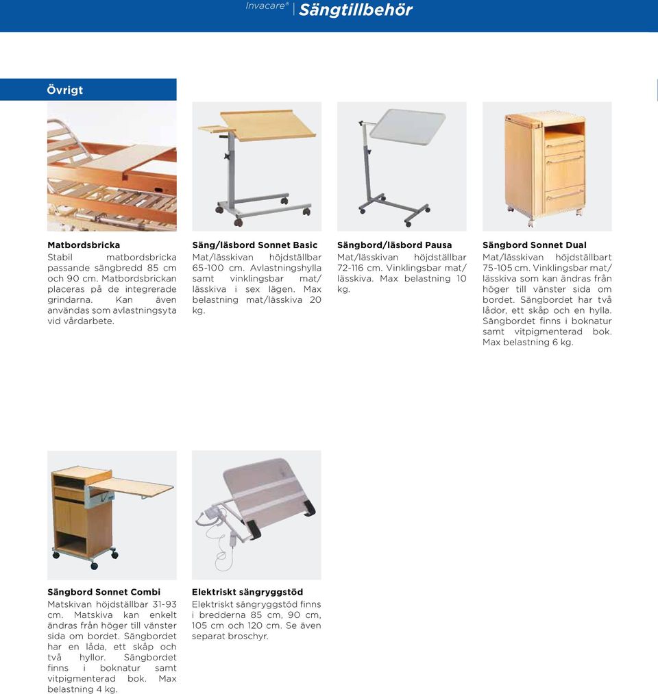 Sängbord/läsbord Pausa Mat/lässkivan höjdställbar 72-116 cm. Vinklingsbar mat/ lässkiva. Ma belastning 10 kg. Sängbord Sonnet Dual Mat/lässkivan höjdställbart 75-105 cm.