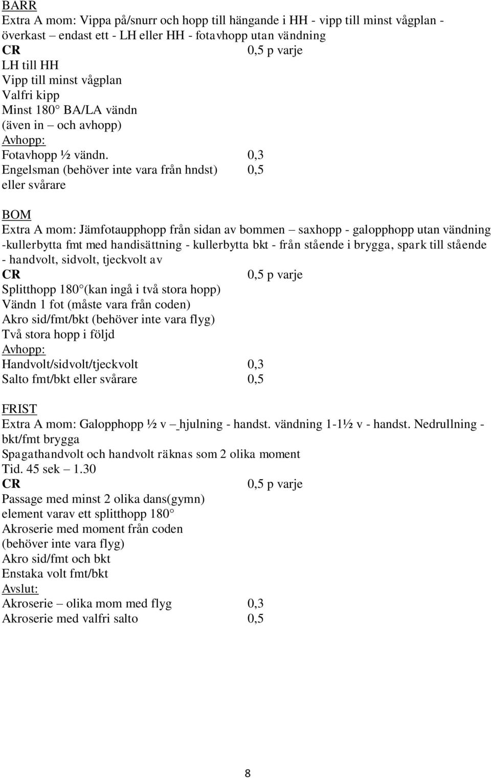 0,3 Engelsman (behöver inte vara från hndst) 0,5 eller svårare BOM Extra A mom: Jämfotaupphopp från sidan av bommen saxhopp - galopphopp utan vändning -kullerbytta fmt med handisättning - kullerbytta