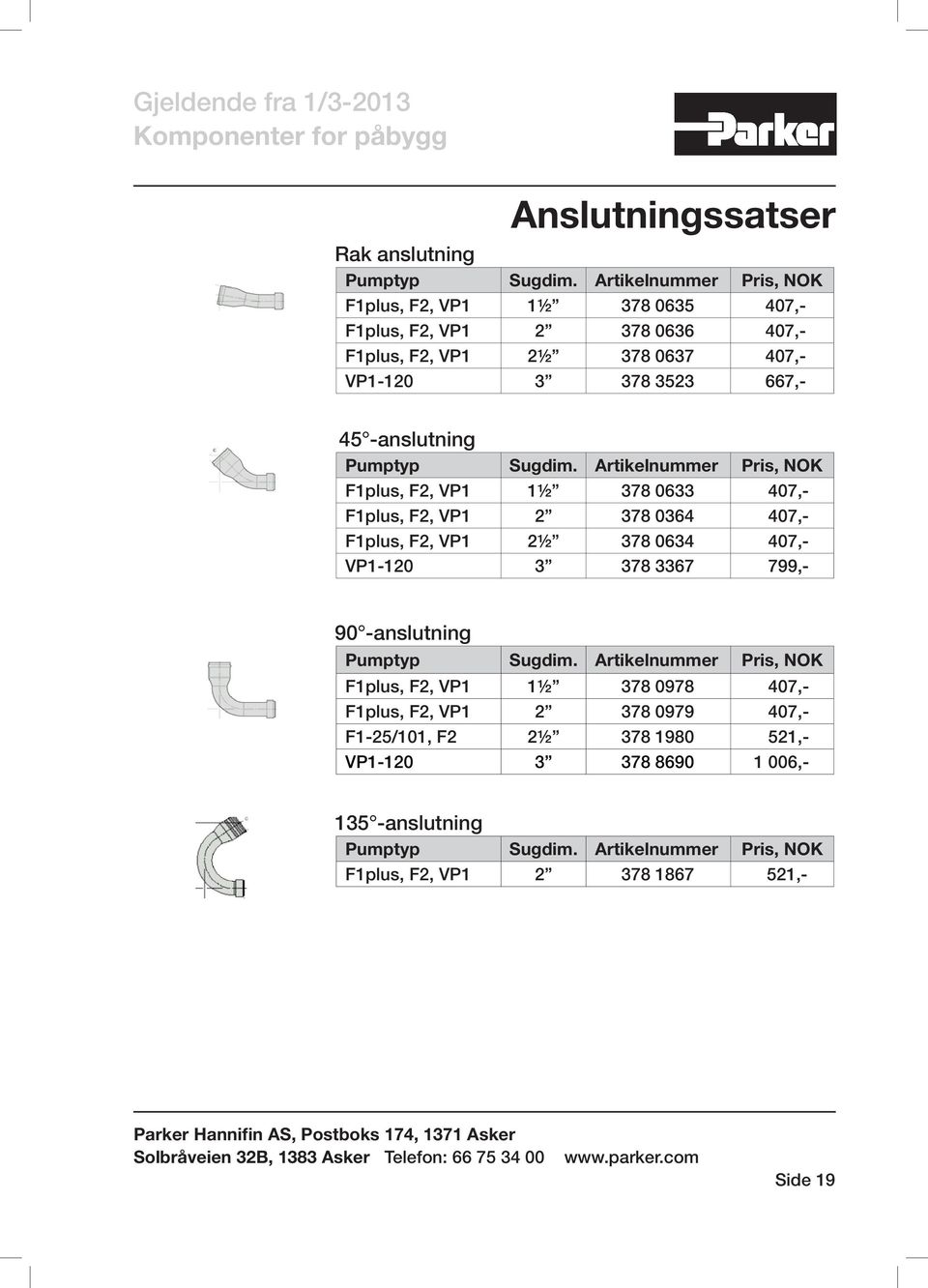 Artikelnummer Pris, NOK F1plus, F2, VP1 1½ 378 0635 407,- F1plus, F2, VP1 2 378 0636 407,- F1plus, F2, VP1 2½ 378 0637 407,- VP1-120 3 378 3523 667,- 45 -anslutning Pumptyp Sugdim.