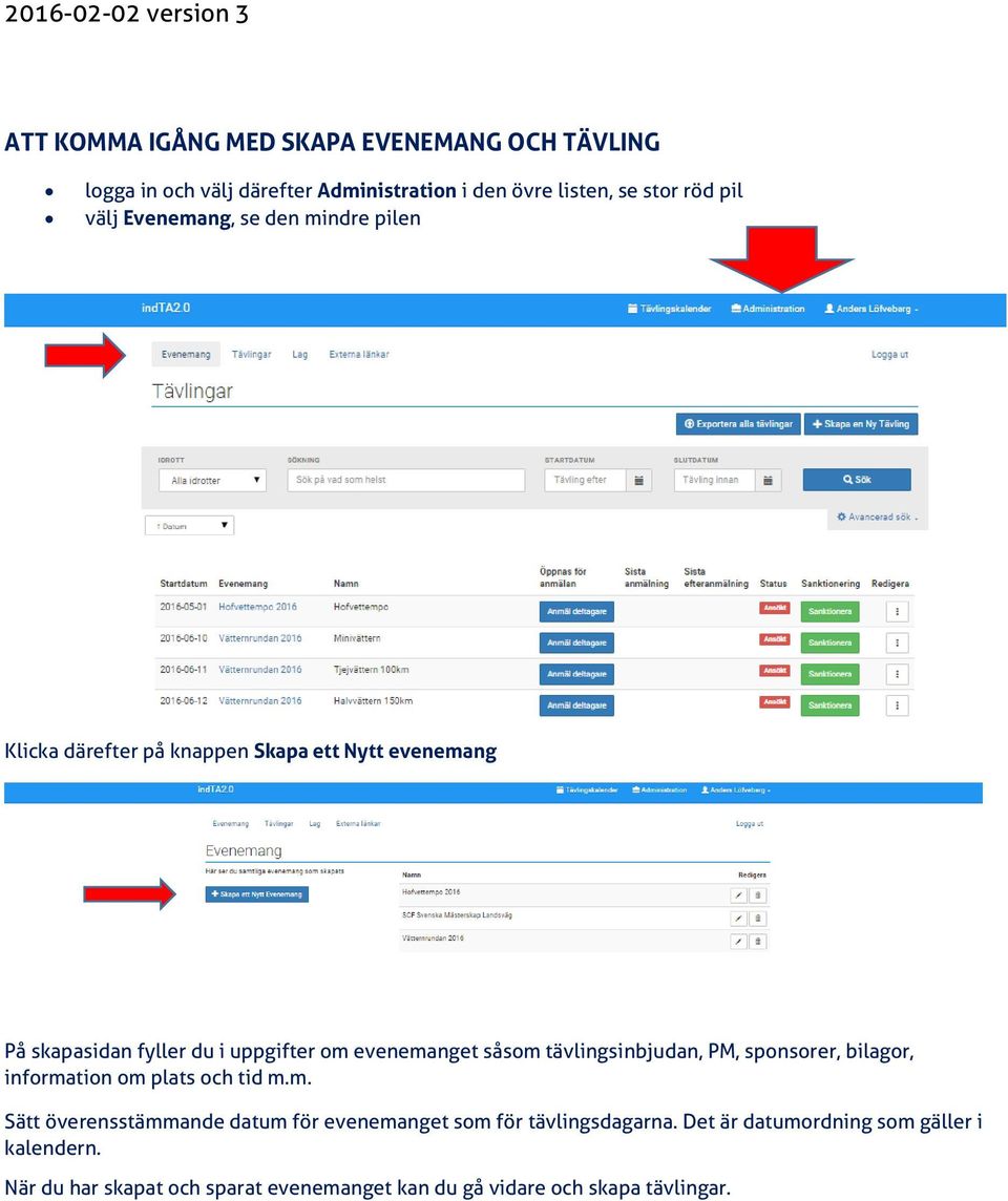 såsom tävlingsinbjudan, PM, sponsorer, bilagor, information om plats och tid m.m. Sätt överensstämmande datum för evenemanget som för tävlingsdagarna.