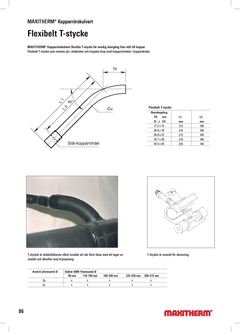 Tel 019-27 12 00 Fax 019-27 04 30 E-post info@maxitherm.se T-muff Stål-kopparrördel 9.355 9.355 19.1.2001 19.1.2001 Stål-kopparrördel 70 70 Flex-T-muff L 145 L 2 L 145 L 2 Stål-kopparrördel Stål-kopparrördel Cu Cu T-förgrening av koppar till stål görs med prefabricerad stål-kopparrördel.