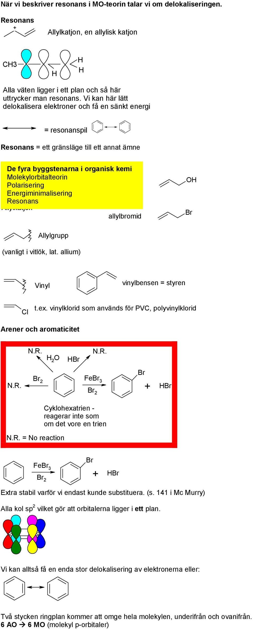 allylalkohol Energiminimalisering 2 esonans Allylkatjon allylbromid Allylgrupp (vanligt i vitlök, lat. allium) Vinyl vinylbensen = styren l t.ex.