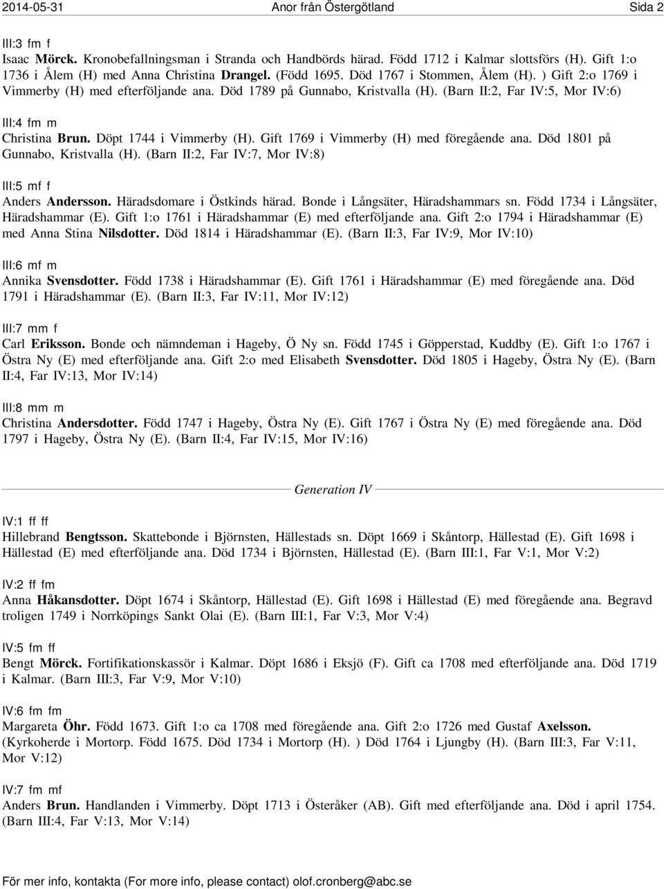 (Barn II:2, Far IV:5, Mor IV:6) III:4 fm m Christina Brun. Döpt 1744 i Vimmerby (H). Gift 1769 i Vimmerby (H) med föregående ana. Död 1801 på Gunnabo, Kristvalla (H).