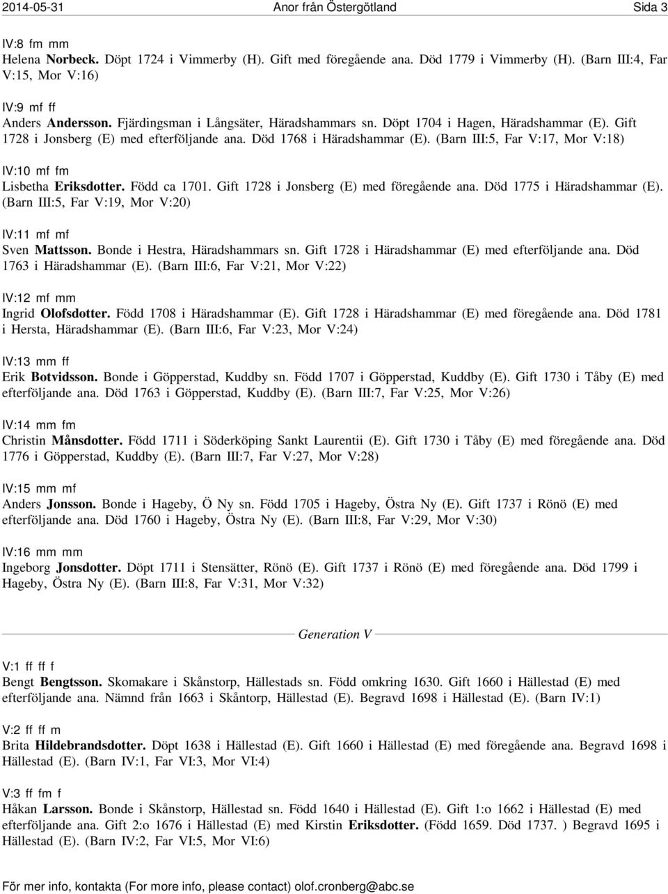 Död 1768 i Häradshammar (E). (Barn III:5, Far V:17, Mor V:18) IV:10 mf fm Lisbetha Eriksdotter. Född ca 1701. Gift 1728 i Jonsberg (E) med föregående ana. Död 1775 i Häradshammar (E).