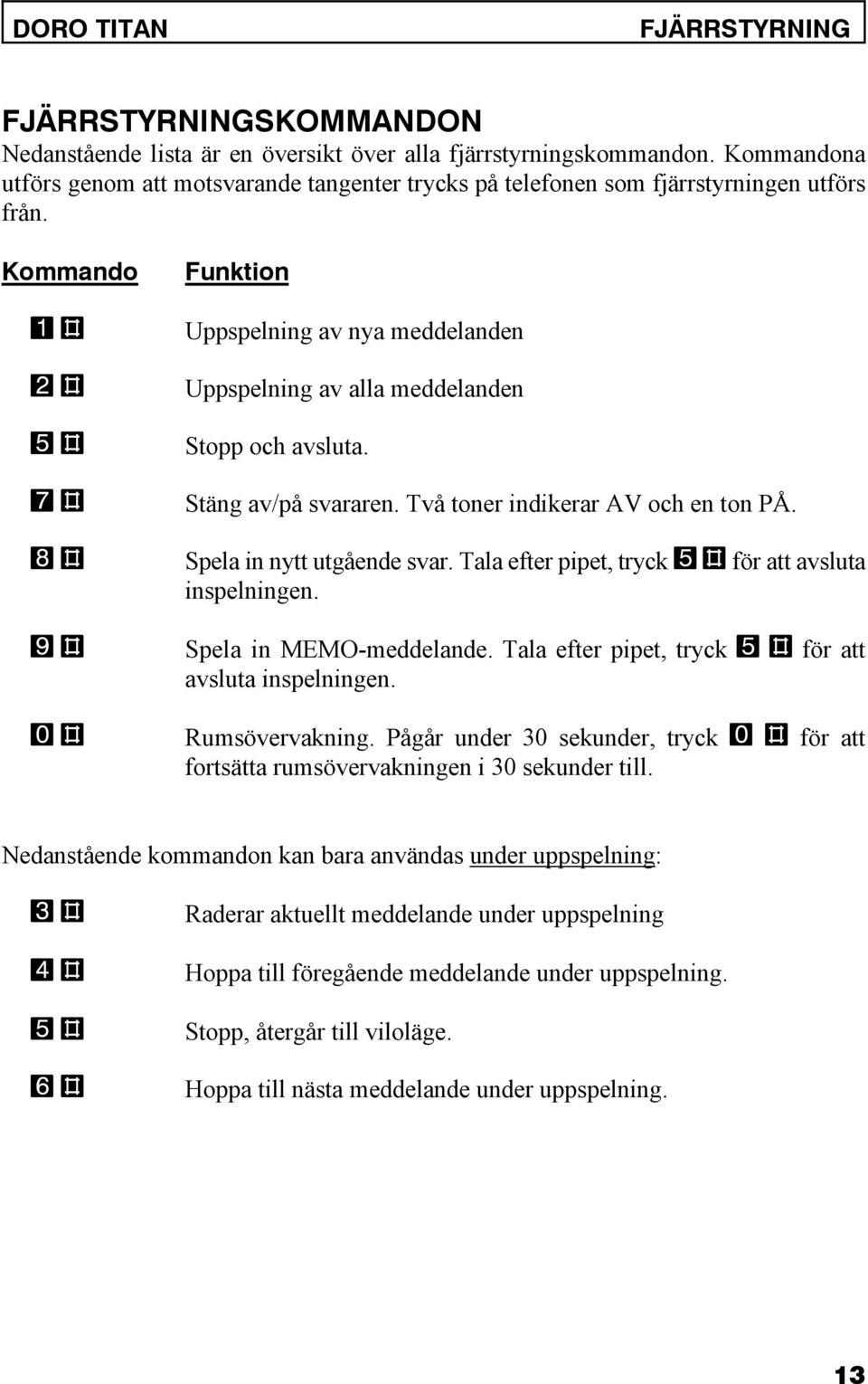 Kommando Funktion 1 # Uppspelning av nya meddelanden 2 # Uppspelning av alla meddelanden 5 # Stopp och avsluta. 7 # Stäng av/på svararen. Två toner indikerar AV och en ton PÅ.