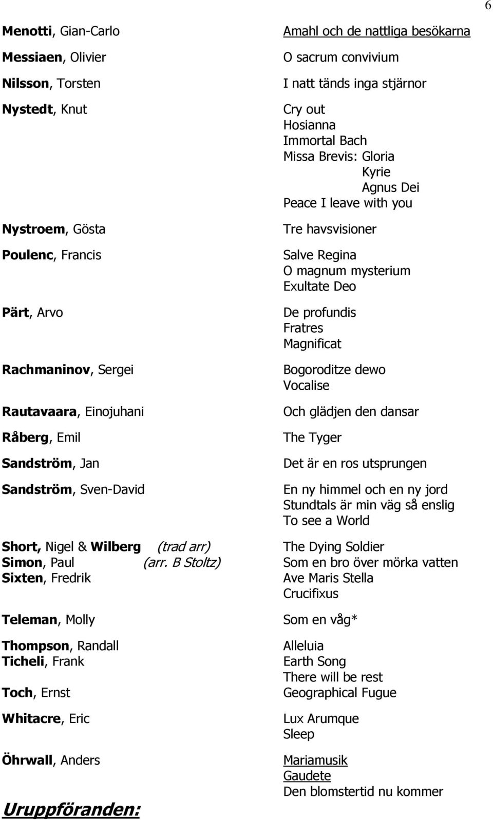 Salve Regina O magnum mysterium Exultate Deo De profundis Fratres Magnificat Bogoroditze dewo Vocalise Och glädjen den dansar The Tyger Det är en ros utsprungen En ny himmel och en ny jord Stundtals