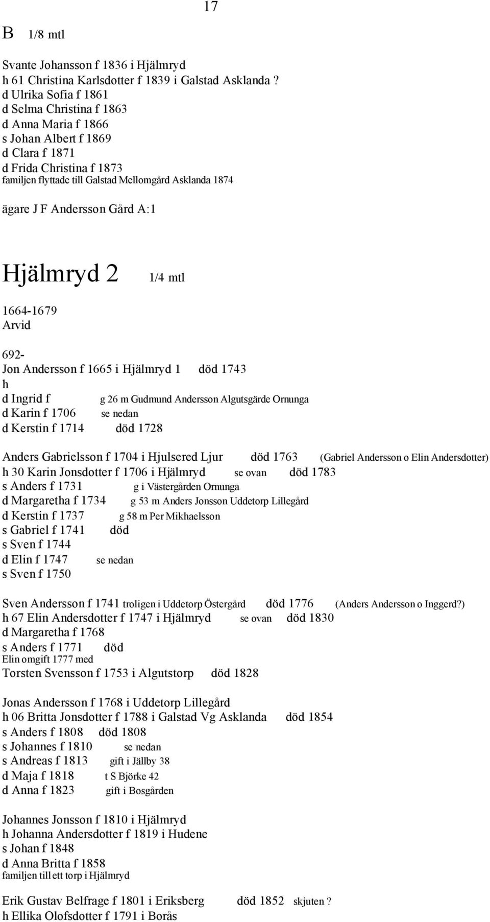 Andersson Gård A:1 Hjälmryd 2 1/4 mtl 1664-1679 Arvid 692- Jon Andersson f 1665 i Hjälmryd 1 död 1743 h d Ingrid f g 26 m Gudmund Andersson Algutsgärde Ornunga d Karin f 1706 se nedan d Kerstin f