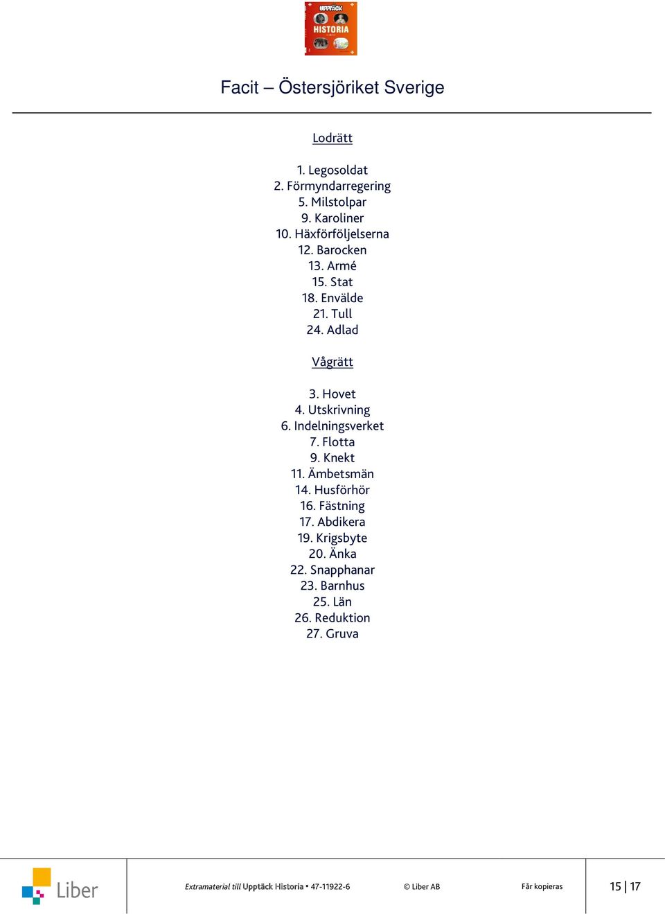 Indelningsverket 7. Flotta 9. Knekt 11. Ämbetsmän 14. Husförhör 16. Fästning 17. Abdikera 19. Krigsbyte 20.