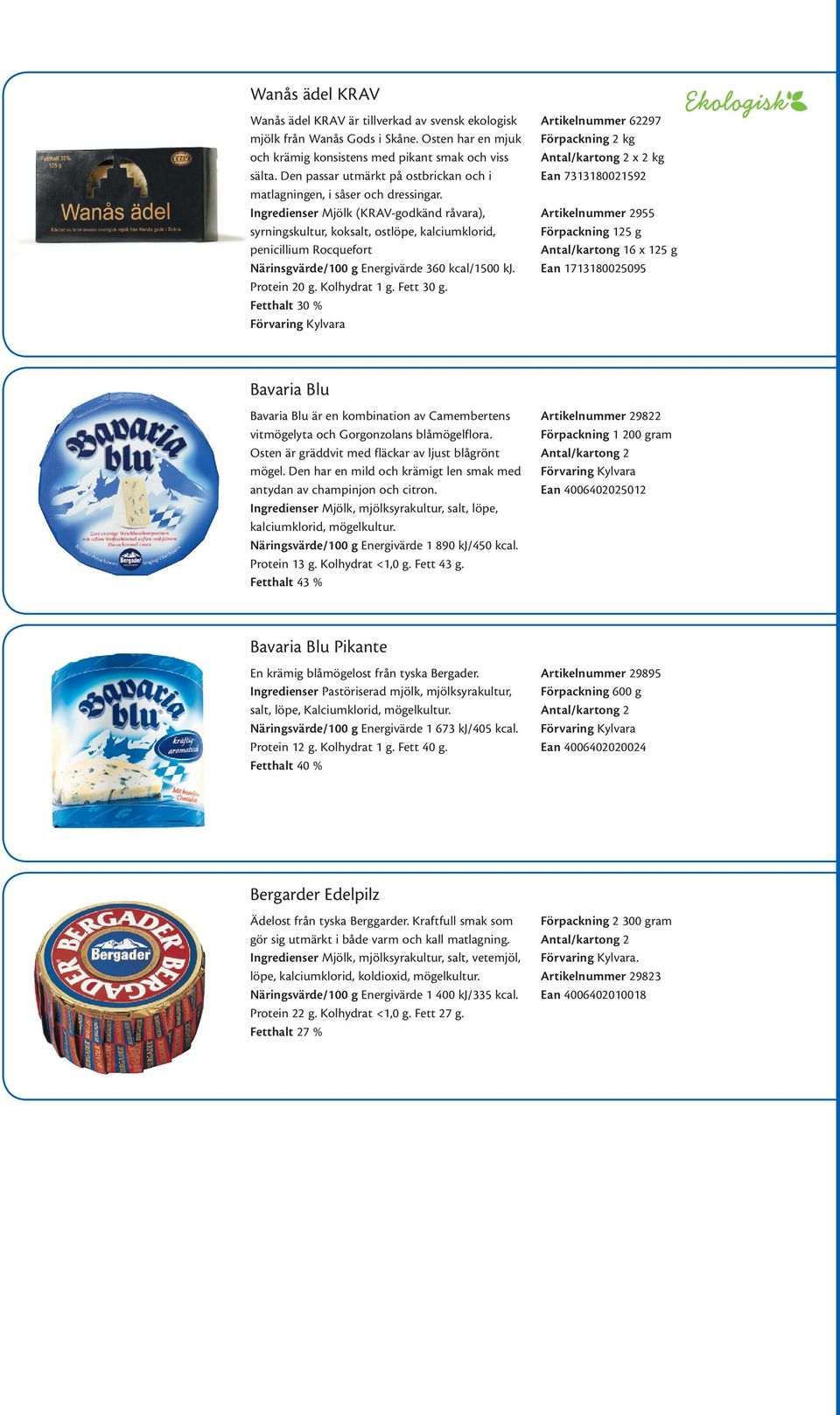 Ingredienser Mjölk (KRAV-godkänd råvara), syrningskultur, koksalt, ostlöpe, kalciumklorid, penicillium Rocquefort Närinsgvärde/100 g Energivärde 360 kcal/1500 kj. Protein 20 g. Kolhydrat 1 g.