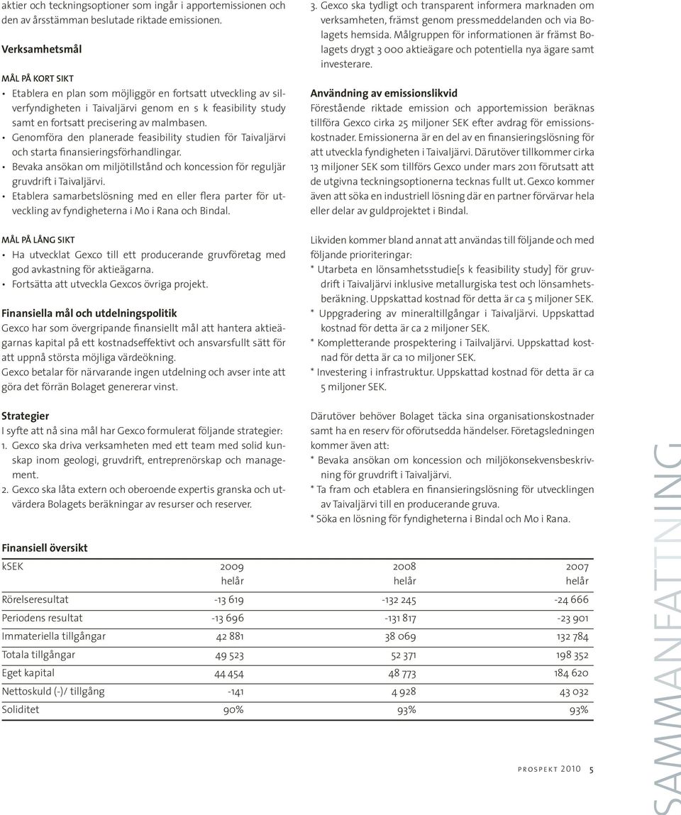 Genomföra den planerade feasibility studien för Taivaljärvi och starta finansieringsförhandlingar. Bevaka ansökan om miljötillstånd och koncession för reguljär gruvdrift i Taivaljärvi.