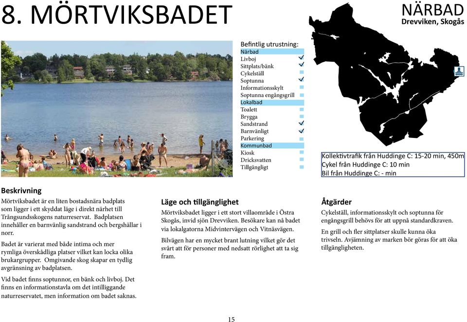 Omgivande skog skapar en tydlig avgränsning av badplatsen. Vid badet finns soptunnor, en bänk och livboj.