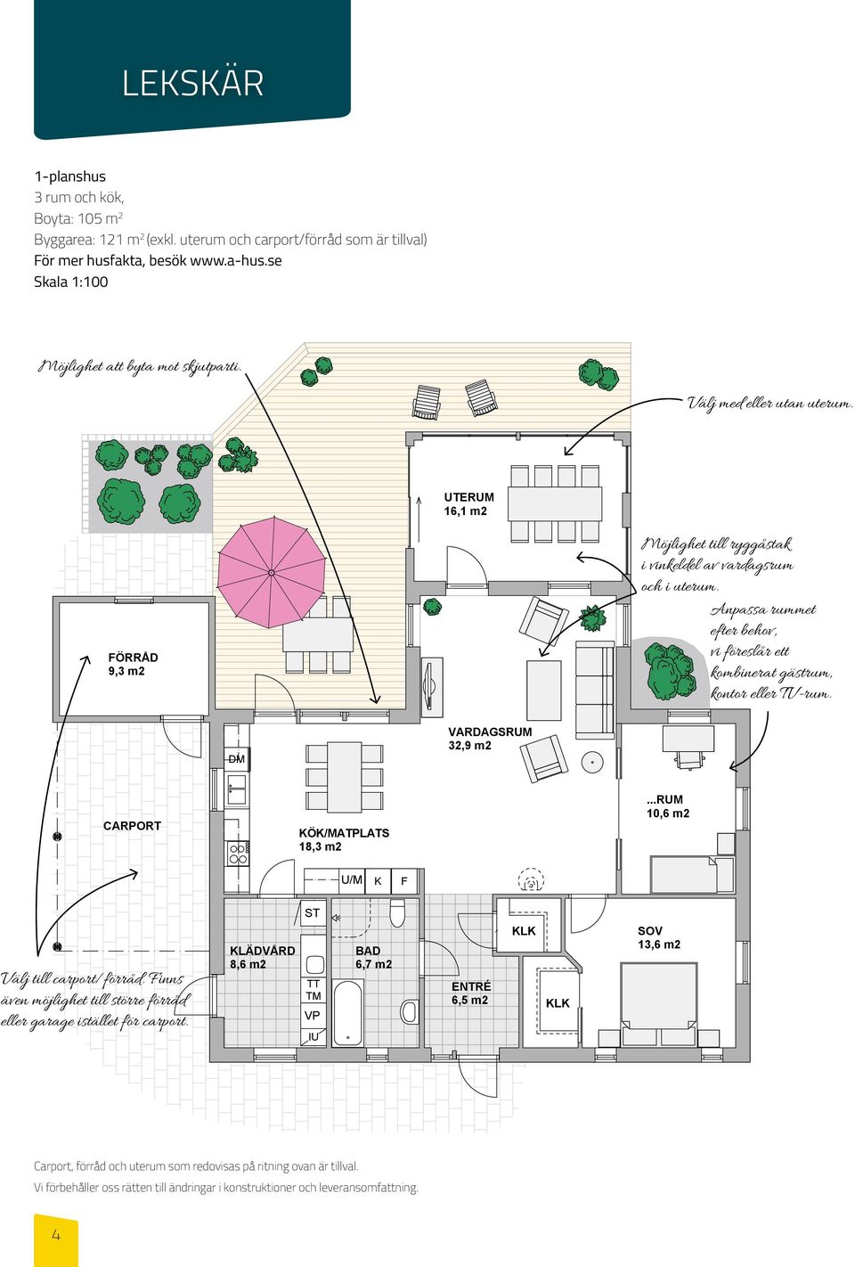 Anpassa rummet efter behov, vi föreslår ett kombinerat gästrum, kontor eller TV-rum. DM VARDAGSRUM 32,9 m2 CARPORT KÖK/MATPLATS 18,3 m2 10,6 m2 U/M K F ST Välj till carport/förråd.