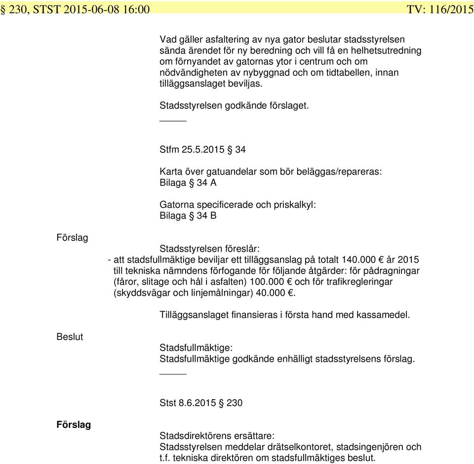 5.2015 34 Karta över gatuandelar som bör beläggas/repareras: Bilaga 34 A Gatorna specificerade och priskalkyl: Bilaga 34 B Stadsstyrelsen föreslår: - att stadsfullmäktige beviljar ett tilläggsanslag