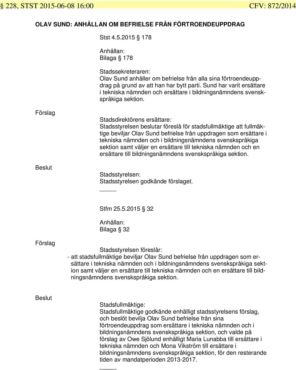 Stadsstyrelsen beslutar föreslå för stadsfullmäktige att fullmäktige beviljar Olav Sund befrielse från uppdragen som ersättare i tekniska nämnden och i bildningsnämndens svenskspråkiga sektion samt