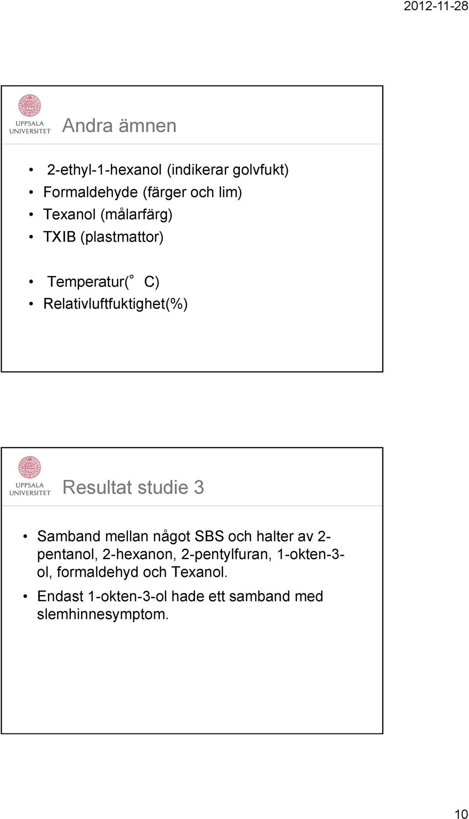 Samband mellan något SBS och halter av 2- pentanol, 2-hexanon, 2-pentylfuran, 1-okten-3-